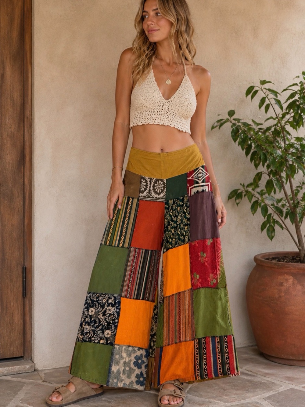 Boho Patchwork Wide Leg Pants Cotton Nepal Festival Hippie Lounge M/L NWT